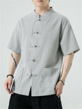 Men's Chinese Style Stand Collar Knot Button Summer Striped Shirt