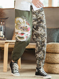 Men's Ancient Loong Sea Wave Embroidery Vintage Pants