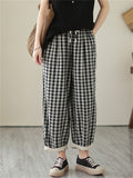 Retro Black & White Plaid Linen Casual Pants for Women