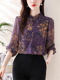 Women's Gold Floral Print Stand Collar Long Sleeve Purple Shirt