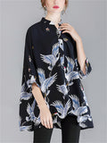 Women's Crane Floral Printing 3/4 Sleeve Oversized Shirts