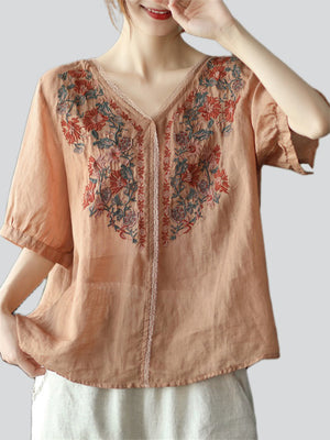 Female Cozy Floral Embroidered V-neck Shirts