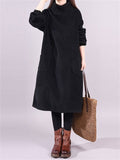 Women's Turtleneck Plush Lining Corduroy Midi Dress for Winter