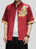 Chinese Style Hanfu Men's Golden Dragon Embroidery Knot Button Shirt