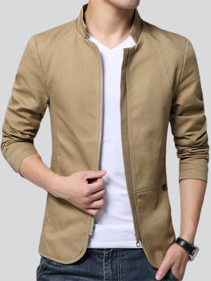 Plain Stand Collar Slim Fit Zipper Jacket for Men