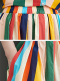 Rainbow Stripes Irregular Hem Lapel Shirt + Swing Skirt for Women