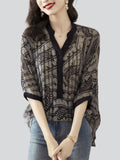 Women's Elegant V-Neck Printed Button Trim Loose Shirts