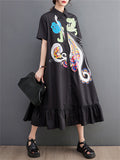 Women's Exaggerated Feather Print Single Breasted Loose Shirt Dress