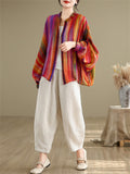 Women's Rainbow Stripe Loose Fit Lantern Sleeve Shirts