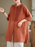 Female Leisure Cotton Linen 3/4 Sleeve Mid-Length Shirt