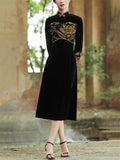 Women's Elegant Velvet Stand Collar Midi Embroidery Qipao