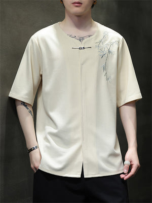 Male Bamboo Embroidered Half Sleeve Metal Button Shirt