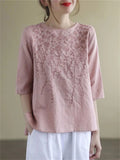 Retro Flower Embroidery Regular Fit Crew Neck Shirt for Women