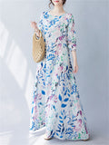 Summer Relaxed All-Over Blue Leaf Print Female Holiday Dress