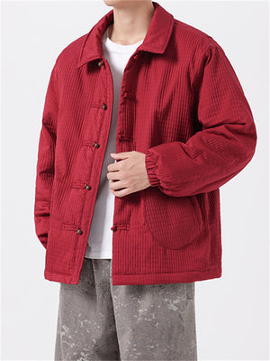 Male Lapel Metal Button Checkered Cotton Coat