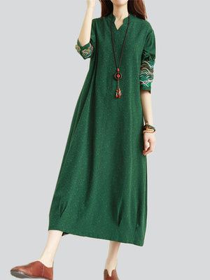 Ethnic Colorful Cloud Embroidery Loose Midi Dress for Women