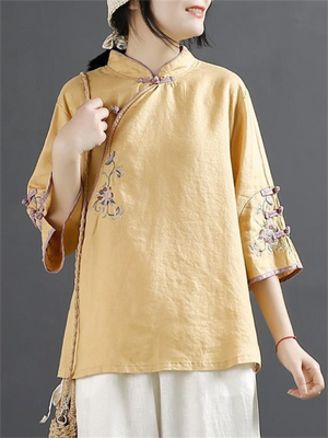 Chinese Ancient Style Floral Embroidery Knot Button Shirt for Women