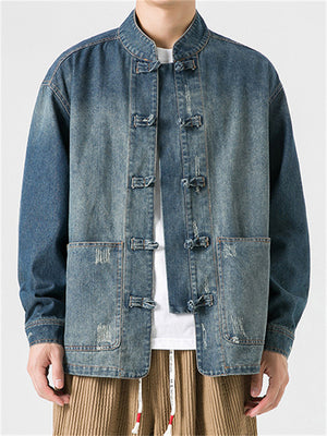 Men's Chinese Inspired Vintage Stand Collar Washed Denim Jacket