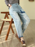 Light Blue Ripped Patchwork Female Trendy Harem Jeans