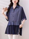 Chiffon Patchwork Blue Lapel Shirt for Women