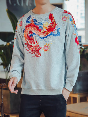 Flying Loong Embroidery Long Sleeve Round Neck Shirt