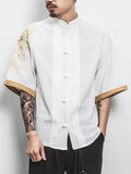 Men's Dragon Embroidery Short Sleeve Cozy Linen Shirt