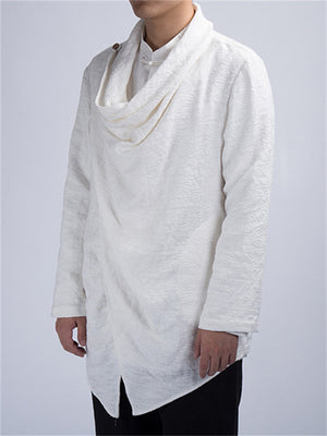 Cotton Linen Simple Split Cowl Neck Shirt for Men