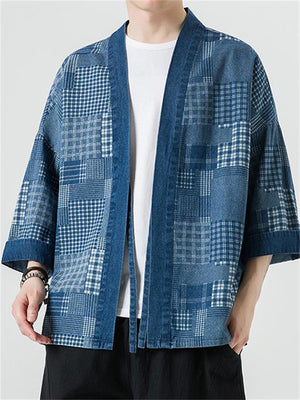 Men's Vintage Blue Lace-Up Plaid Denim Jacket