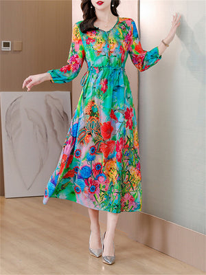 Ladies Temperament Silky V-neck Print Dresses