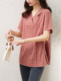 Women's Plaid Loose V-Neck Short Sleeve Plus Size Shirt