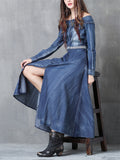 Women's Off-shoulder Pocket Denim Dress with Embroidered Belt