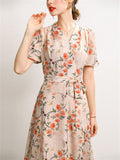 Ladies French Style V-Neck Floral Print Lantern Sleeve Dress