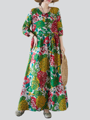 Female Holiday Round Neck Flowers Maxi Dresses