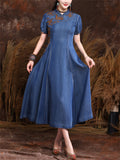 Women's Retro Neckline Embroidery Mid Length A-Line Denim Dress