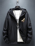 Flying Crane Chinese Fan Poem Pattern Men's Zipper Hooded Jacket