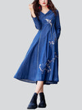 Women's Flying Bird Embroidery V-Neck Blue Denim Dress