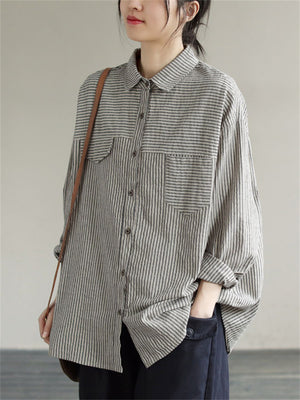 Women's Retro Patch Pocket Lapel Striped Casual Shirt