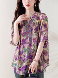 Elegant Tiny Rhinestone V Neck Flowy Floral Print Shirt for Ladies