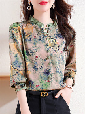 Women's Ginkgo Leaf Print Pleated Collar Long Sleeve Retro Green Shirt