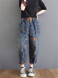 Women's Orange Feather Chic Splicing Blue Denim Pants