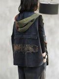 Women's Retro Patchwork Sleeveless Hooded Denim Jacket