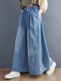 Female Trendy Washed Lace-up Wide-leg Blue Jeans