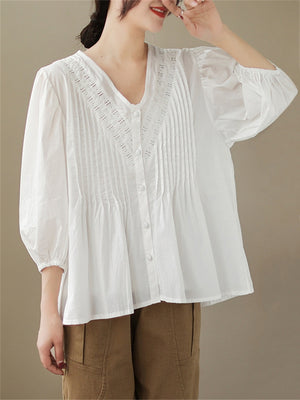 Female Popular V-Neck Lace Splicing Lantern Sleeve Shirt