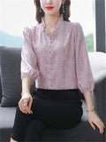 Elegant Puff Sleeve Floral Pattern Faux Silk Shirt for Women