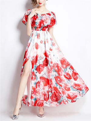 Female Gorgeous Peony Printed Ruffled Split Dresses