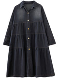 Drawstring Sleeve Oversized Pleated Denim Dresses for Women