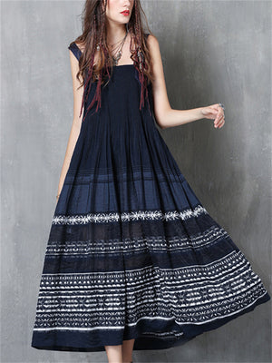 Ladies Bohemian Style Embroidery Sleeveless Pleated Swing Dress