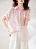 Light Pink Stripe Rhinestone Cozy Tencel Shirt for Women