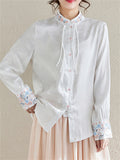 Women's Flower Embroidery Elegant Stand Collar White Shirt