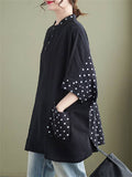 Ladies Round Neck Polka Dots Splicing Shirt with Pockets